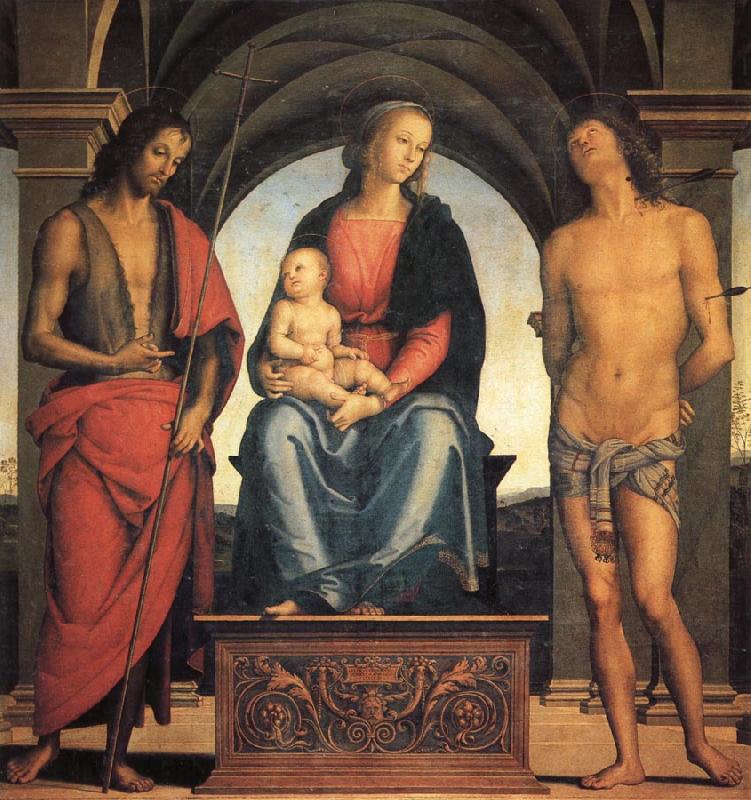 PERUGINO, Pietro Madonna and Child Enthroned with SS.John the Baptist and Sebastian